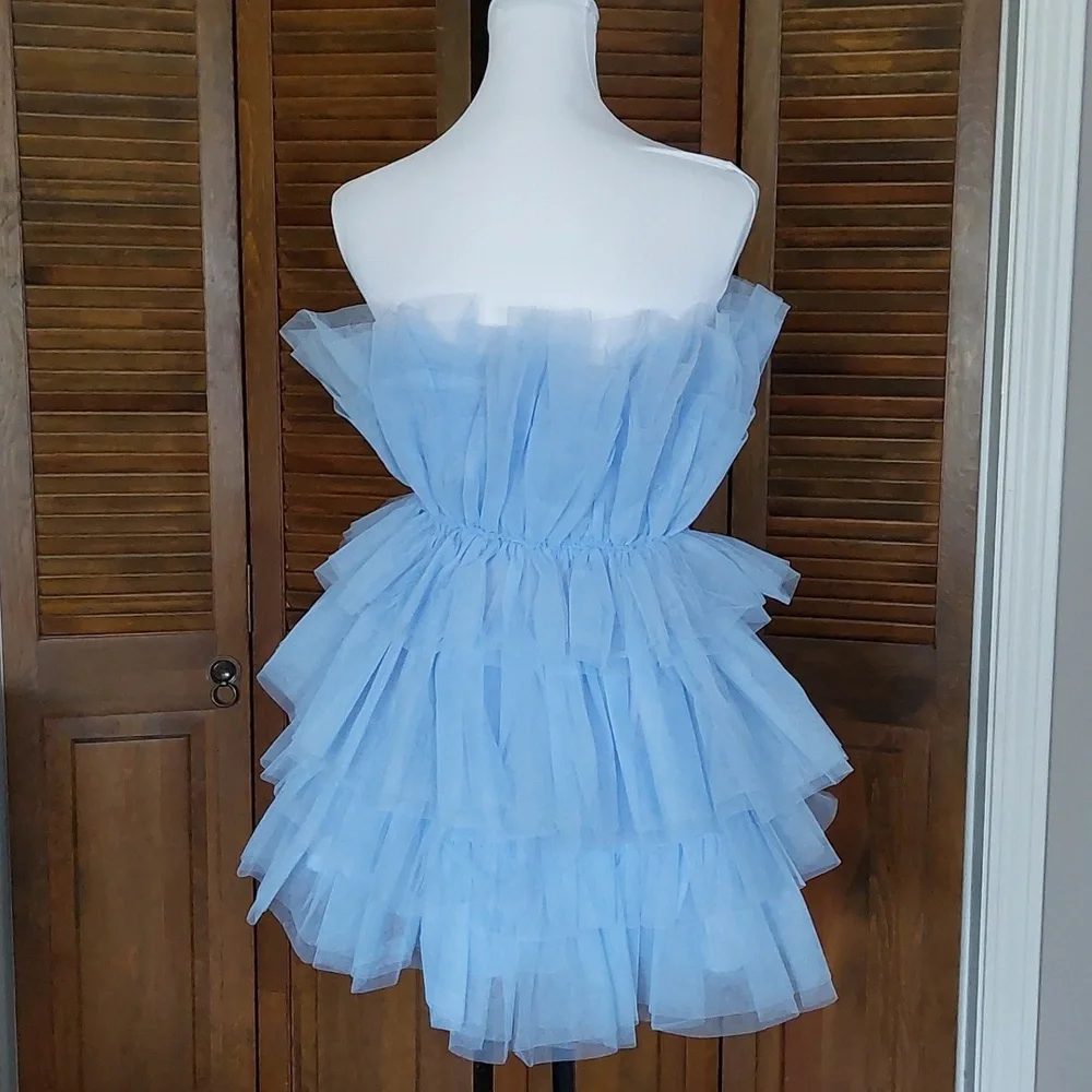 Mable Light Blue Tiered Tulle Mini Dress Sz S - Picture 6 of 15